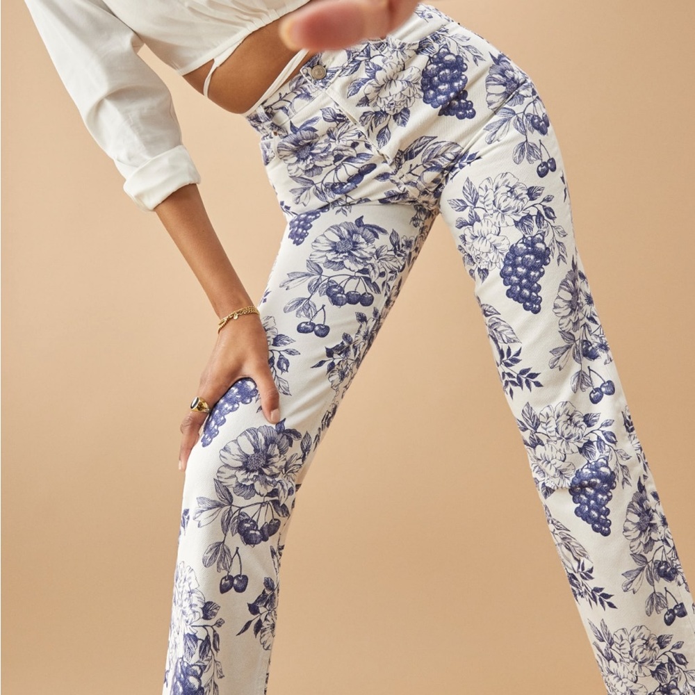 Reformation Toile High Rise Straight Jeans- Blue fruit and floral print
